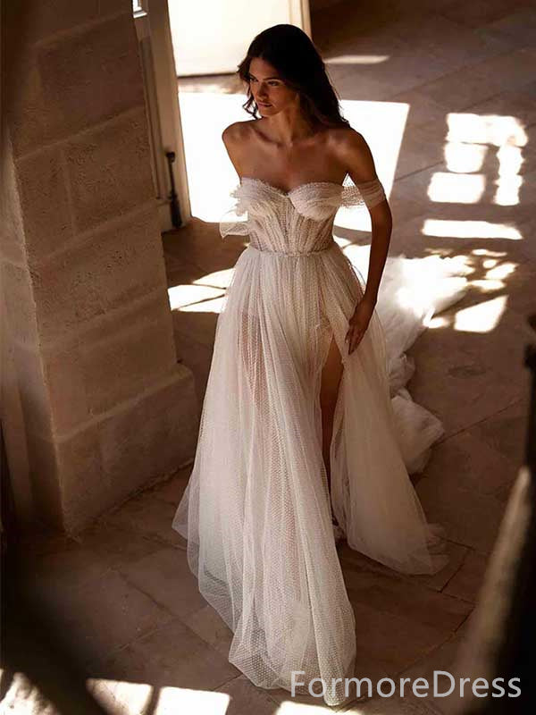 Elegant Sweatheart Off-Shoulder Split Side A-line Long Wedding Dress, WD113