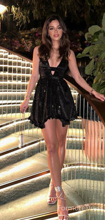 Sexy Black Lace V-neck A-line Short Mini Homecoming Dress,  HD88