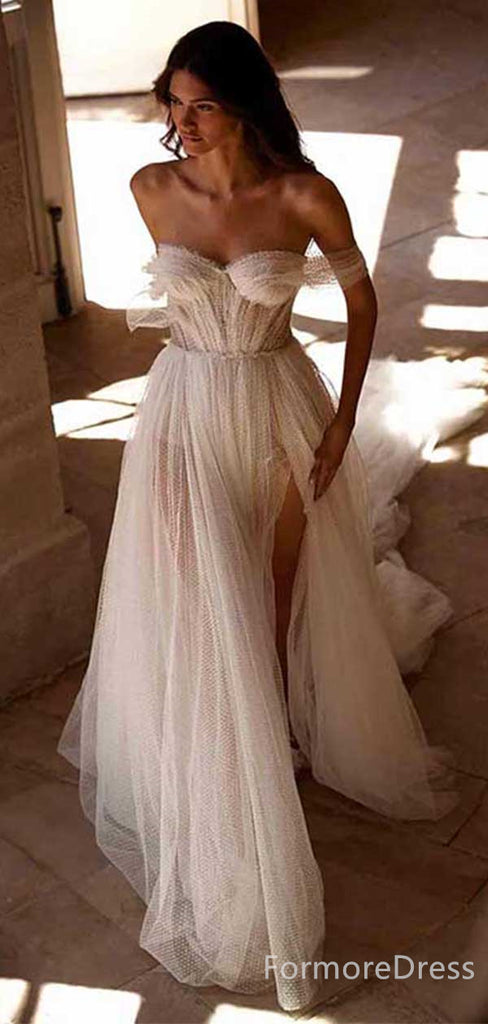 Elegant Sweatheart Off-Shoulder Split Side A-line Long Wedding Dress, WD113