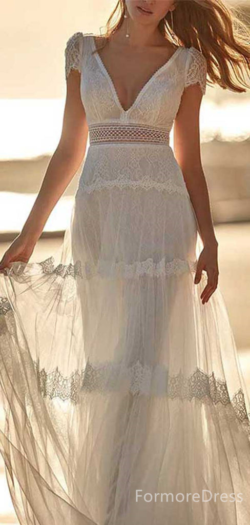 Elegant V-neck Lace A-line Long Wedding Dress, WD120