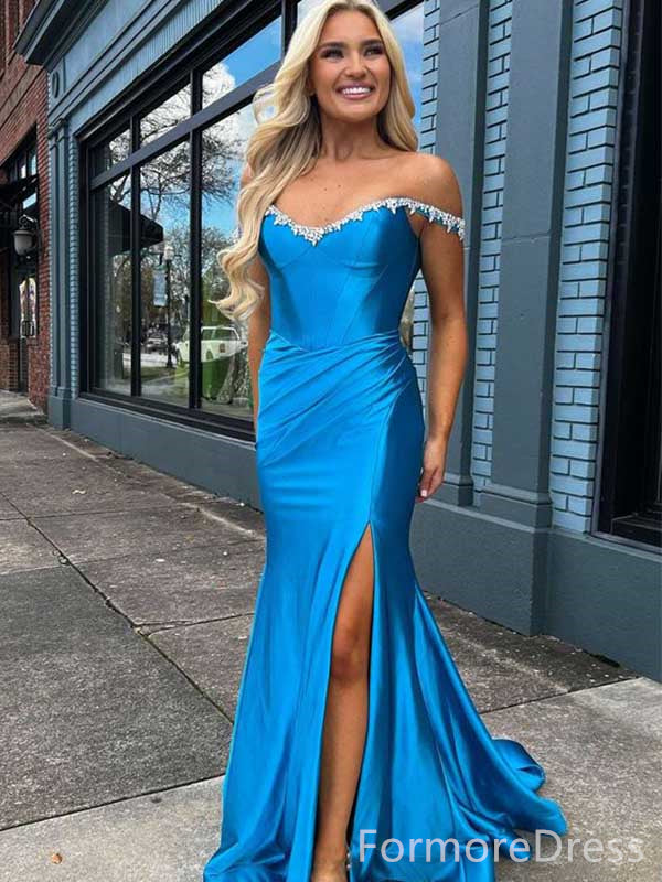 Elegant V-neck Off-Shoulder Mermaid Split Side Long Prom Dress,  PD80