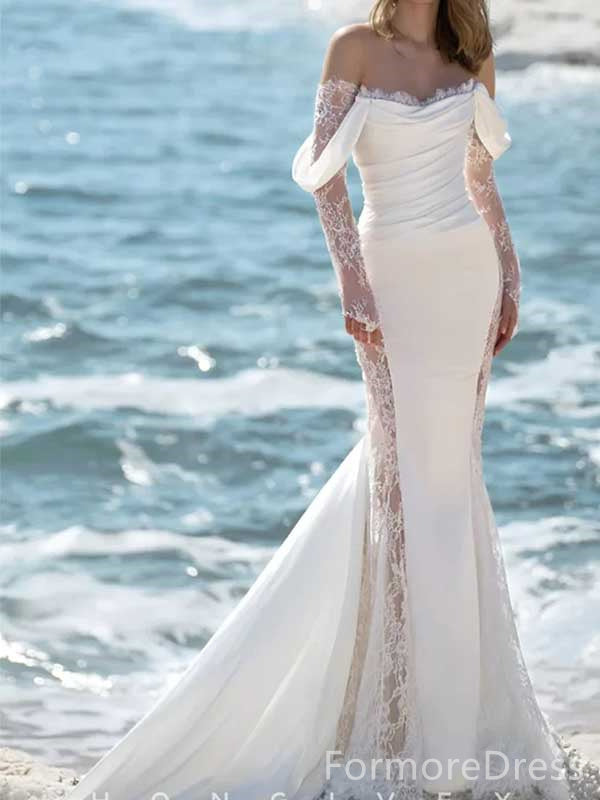 Elegant V-neck Lace Mermaid Long Wedding Dress, WD121