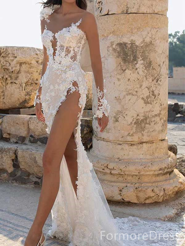 Luxury One-shoulder Lace Appliques Split Side Mermaid Long Wedding Dress, WD126