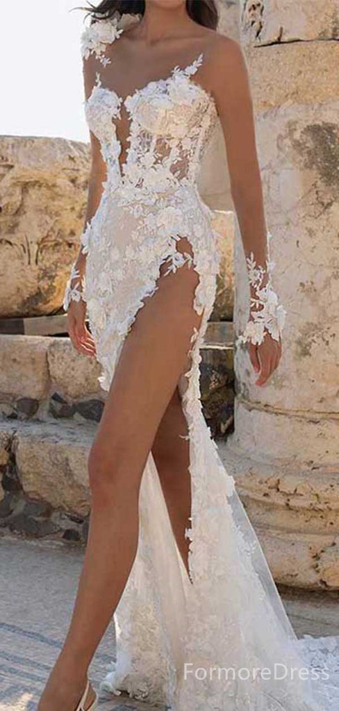 Luxury One-shoulder Lace Appliques Split Side Mermaid Long Wedding Dress, WD126