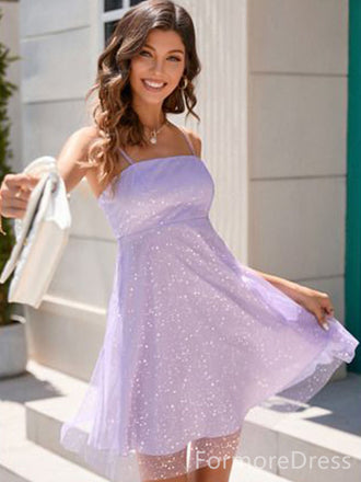 Sparkly Spaghetti Strap A-line Short Mini Long Homecoming Dress,  HD114
