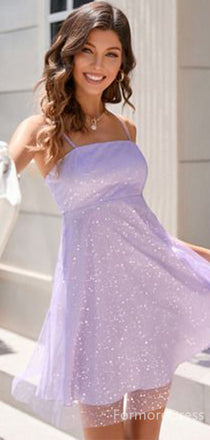 Sparkly Spaghetti Strap A-line Short Mini Long Homecoming Dress,  HD114