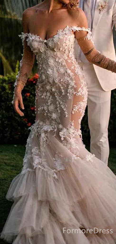 Sexy V-neck Off-Shoulder Mermaid Long Wedding Dress, WD134