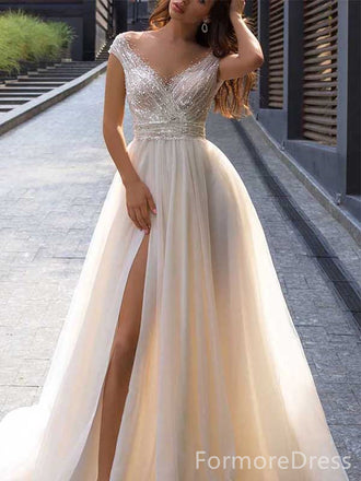 Sparkly V-neck Off-Shoulder Split Side Mermaid Long Wedding Dress, WD128