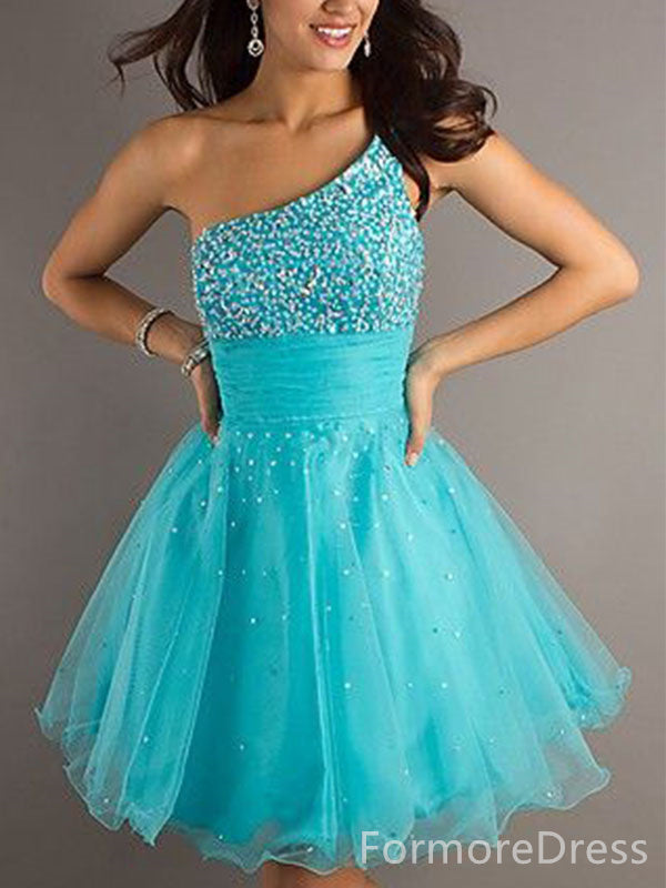 Sparkly One Shoulder A-line Short Mini Long Homecoming Dress,  HD115