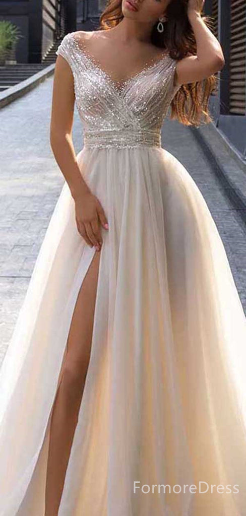 Sparkly V-neck Off-Shoulder Split Side Mermaid Long Wedding Dress, WD128