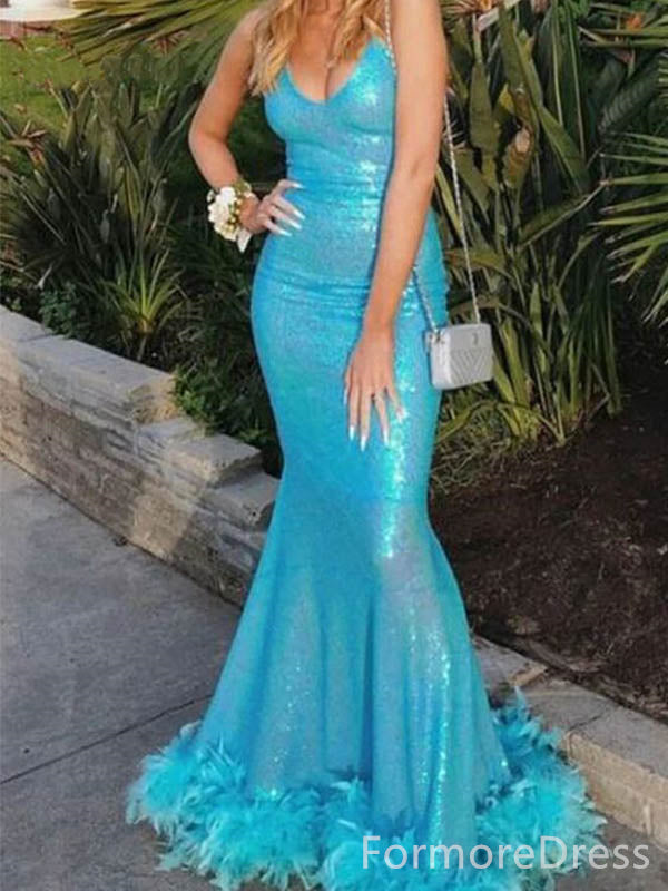 Elegant V-neck Spaghetti Strap Mermaid Long Prom Dress, PD115