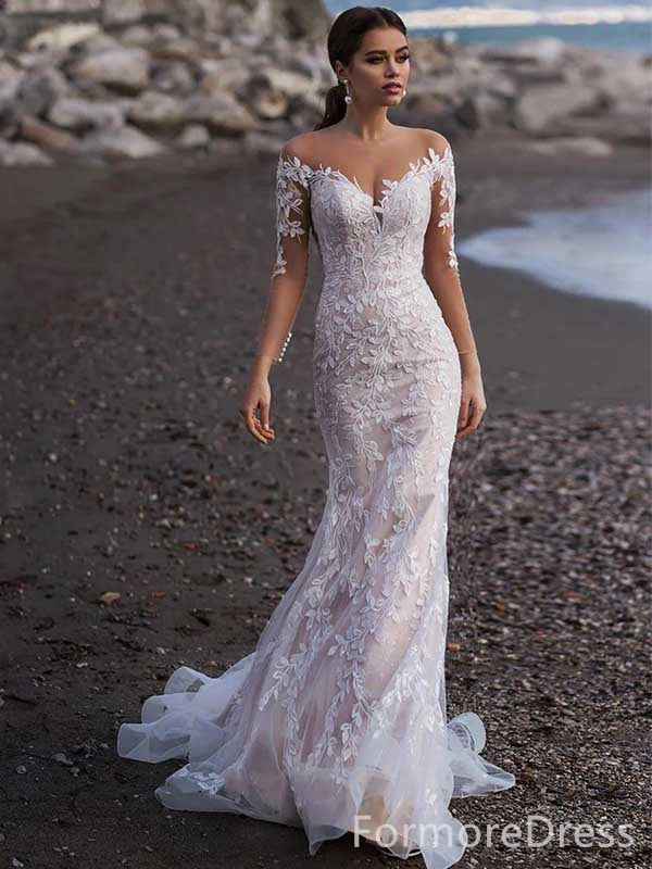 Elegant V-neck Off-Shoulder Mermaid Long Wedding Dress, WD136