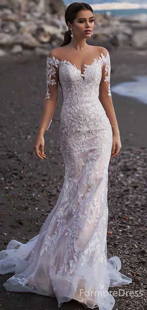 Elegant V-neck Off-Shoulder Mermaid Long Wedding Dress, WD136