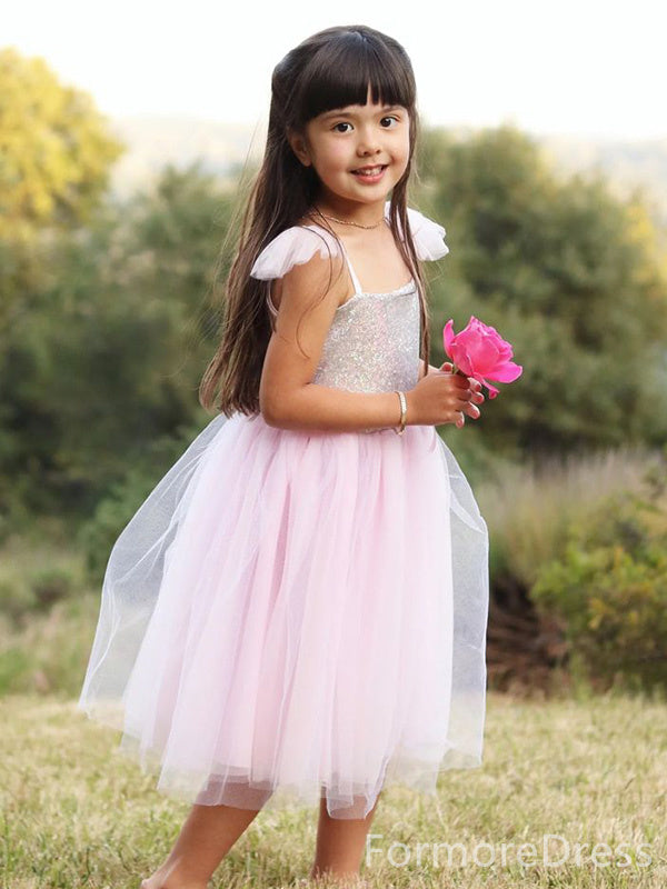 Sparkly Sequins Light Pink A-line Long Flower Girl Dress,  FGD82