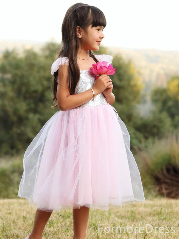 Sparkly Sequins Light Pink A-line Long Flower Girl Dress,  FGD82