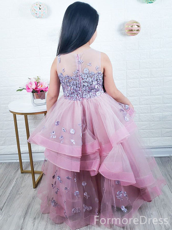 Elegant Tulle Appliques A-line Long Flower Girl Dress,  FGD83