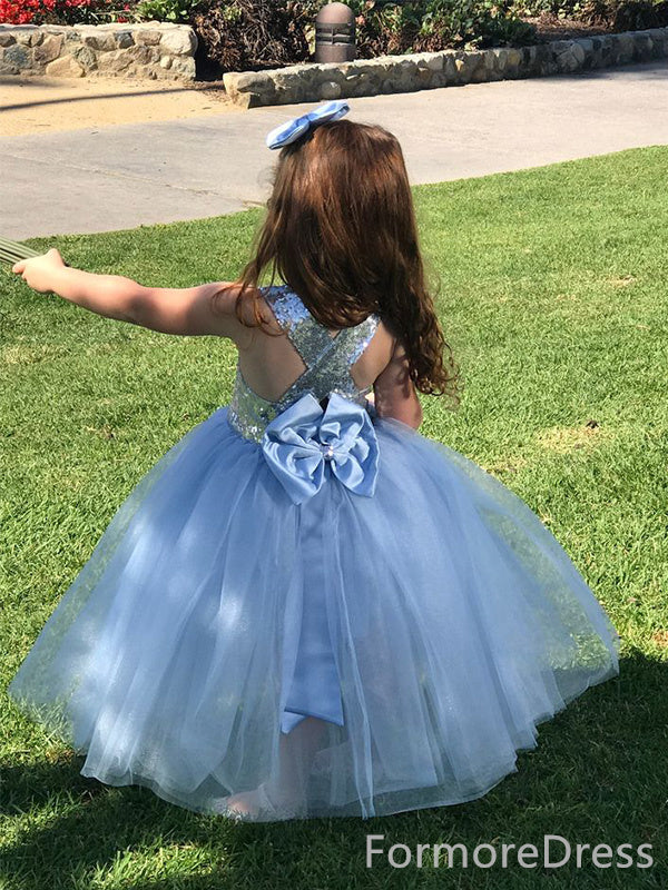 Sparkly Sky Blue A-line Long Flower Girl Dress,  FGD85