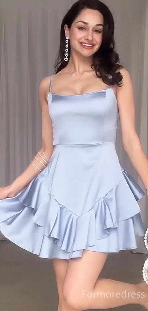 Elegant Light Blue Square Spaghetti Strap A-line Short Mini Homecoming Dress,  HD211