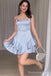 Elegant Light Blue Square Spaghetti Strap A-line Short Mini Homecoming Dress,  HD211