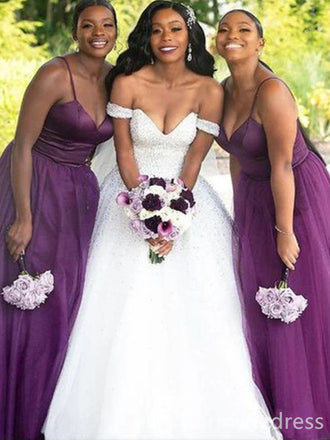 Elegant V-neck Spaghetti Strap A-line Long Bridesmaid Dress,  BD142
