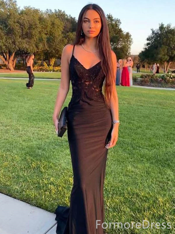 Elegant Black V-neck Spaghetti Strap Mermaid Long Prom Dress, PD118