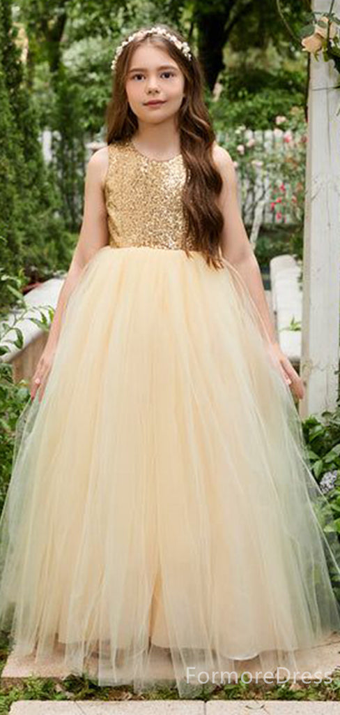 Sparkly Gold Sequins A-line Long Flower Girl Dress,  FGD90