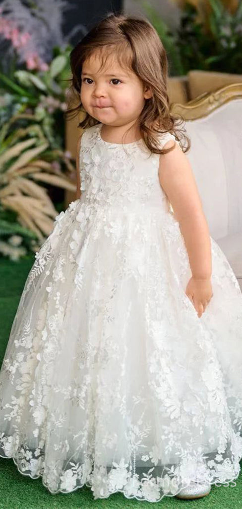 Elegant White Lace Appliques A-line Long Flower Girl Dress,  FGD91