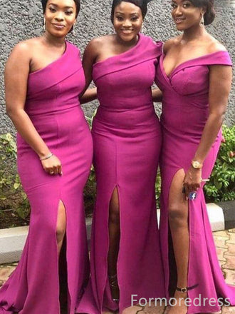 Simple One Shoulder Split Side Mermaid Long Bridesmaid Dress,  BD145