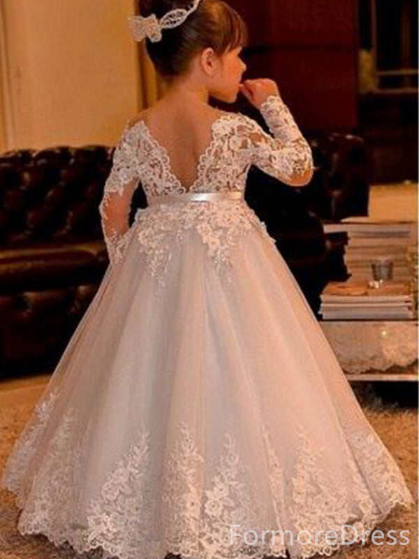 Elegant Off-Shoulder Long Sleeves Lace Appliqes A-line Long Flower Girl Dress,  FGD94