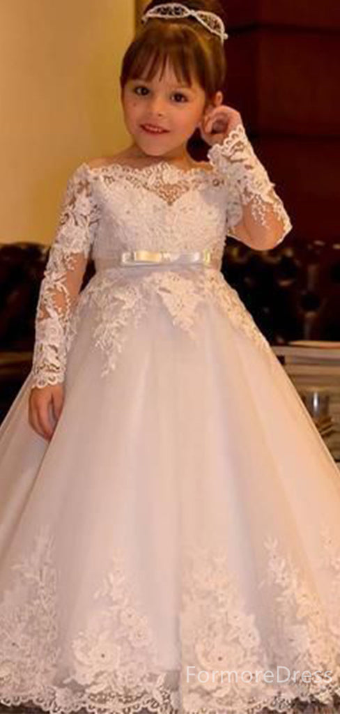 Elegant Off-Shoulder Long Sleeves Lace Appliqes A-line Long Flower Girl Dress,  FGD94