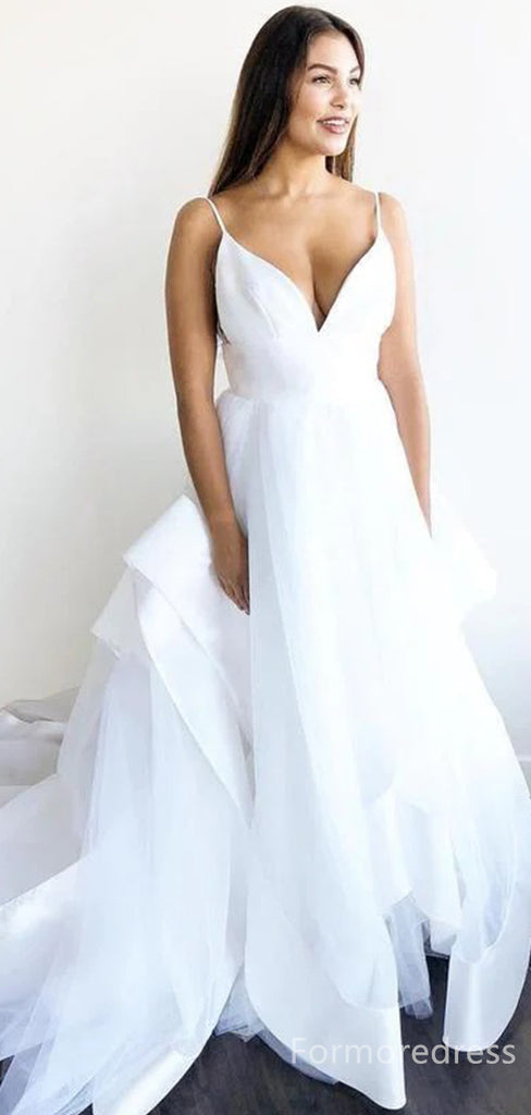 Elegant V-neck Spaghetti Strap A-line Long Wedding Dress, WD143