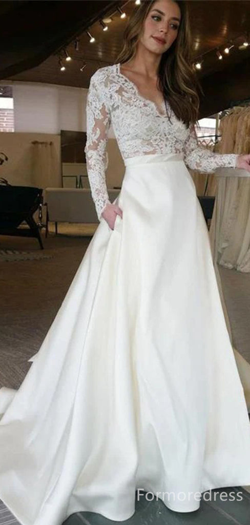 Elegant V-neck Long Sleeves Lace A-line Long Wedding Dress, WD144