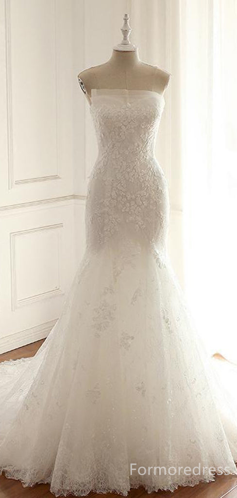 Gorgeous Strapless Lace Appliques Mermaid Long Wedding Dress, WD146