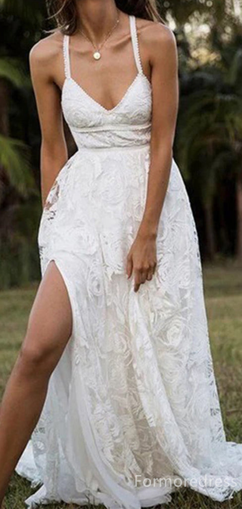 Elegant V-neck Spaghetti Strap Lace A-line Long Wedding Dress, WD147