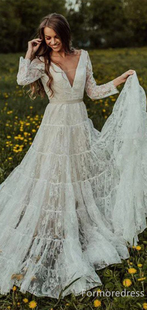 Elegant V-neck Long Sleeves Lace A-line Long Wedding Dress, WD148