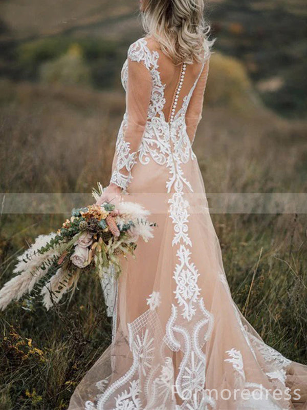 Elegant V-neck Long Sleeves Lace A-line Long Wedding Dress, WD149