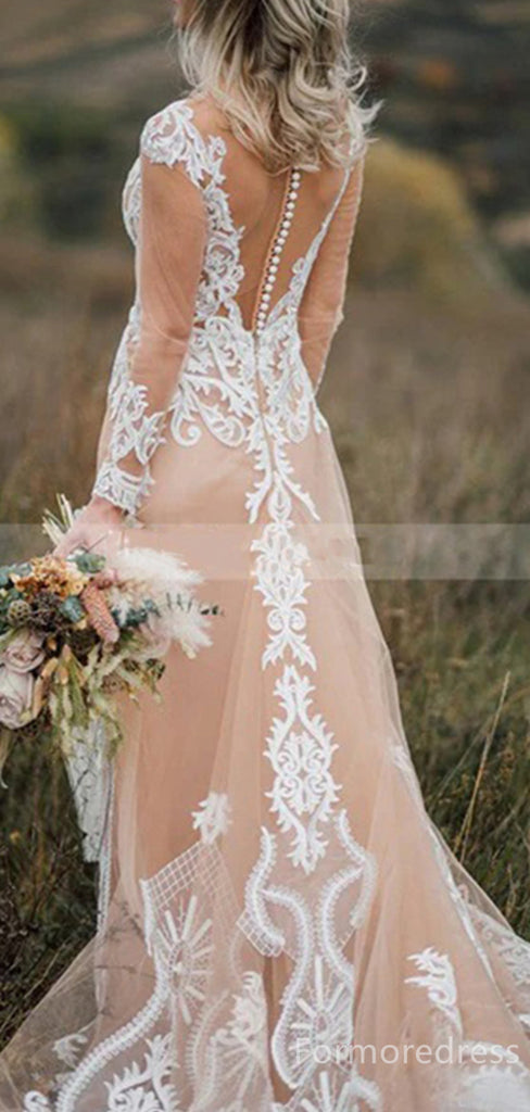 Elegant V-neck Long Sleeves Lace A-line Long Wedding Dress, WD149