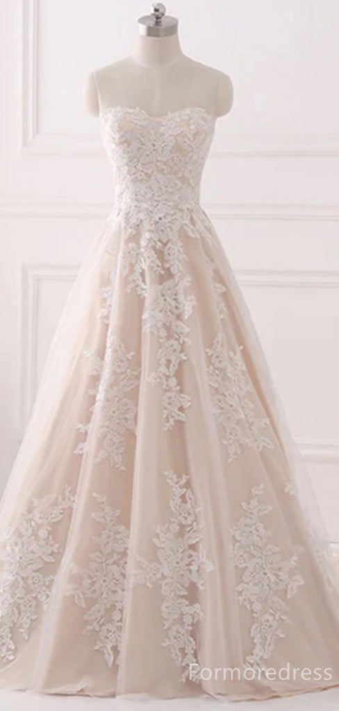 Elegant Strapless Sleeveless Lace A-line Long Wedding Dress, WD150