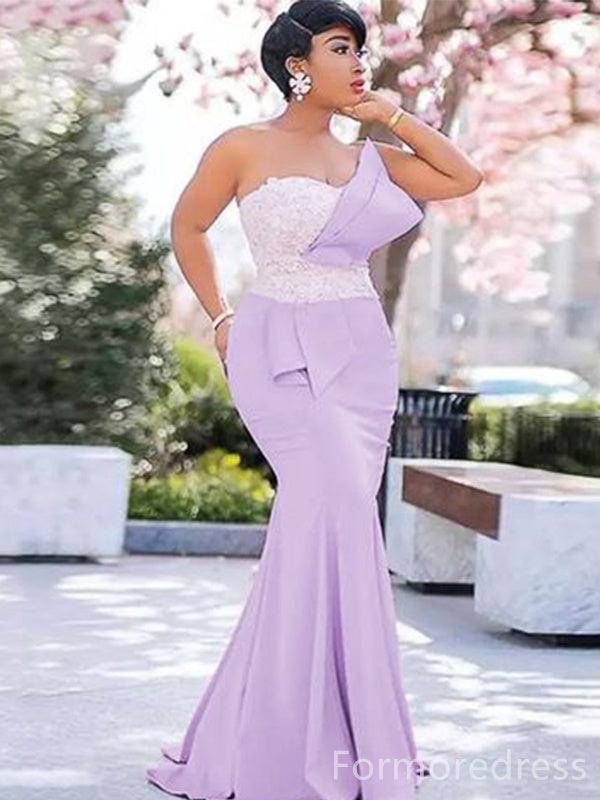 Elegant One Shoulder Lace Mermaid Long Bridesmaid Dress,  BD169