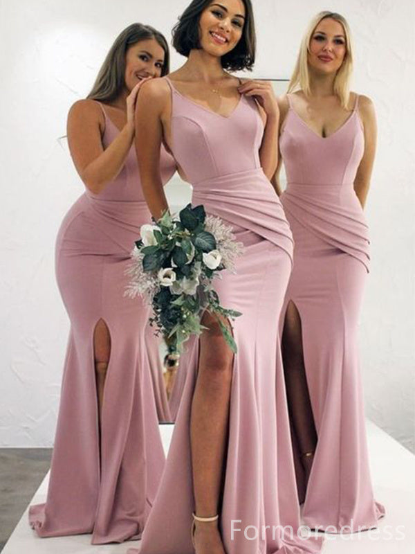 Elegant V-neck Spaghetti Strap Split Side Mermaid Long Bridesmaid Dress,  BD173