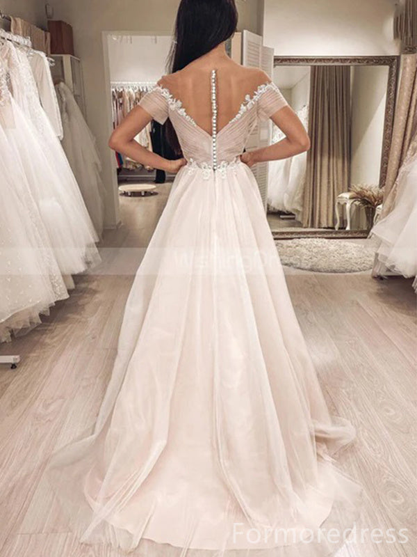 Elegant V-neck Off-Shoulder Lace Appliques A-line Long Wedding Dress, WD157