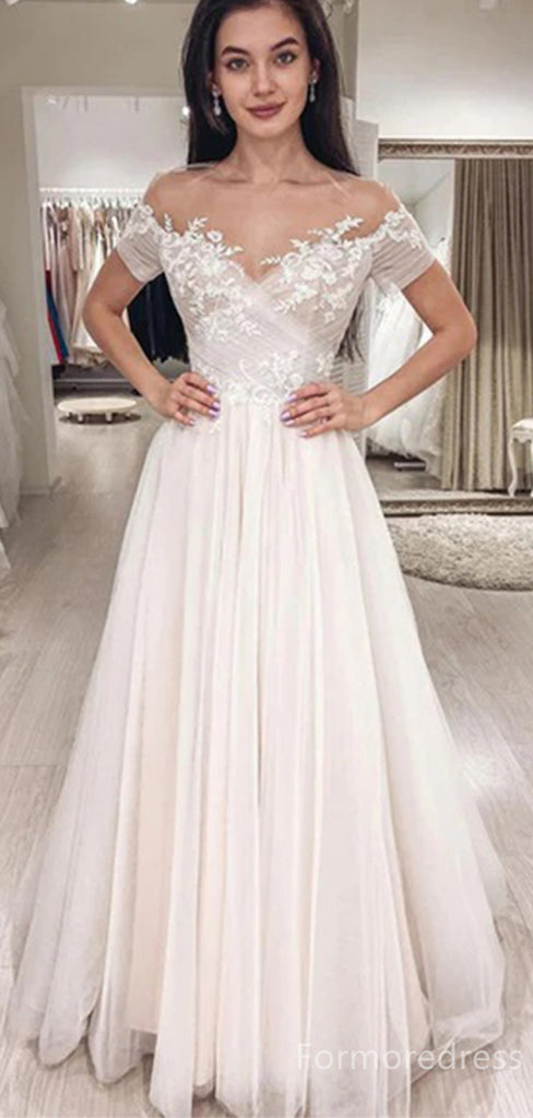 Elegant V-neck Off-Shoulder Lace Appliques A-line Long Wedding Dress, WD157