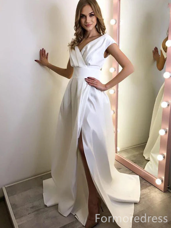 Simple V-neck Split Side A-line Long Wedding Dress, WD158