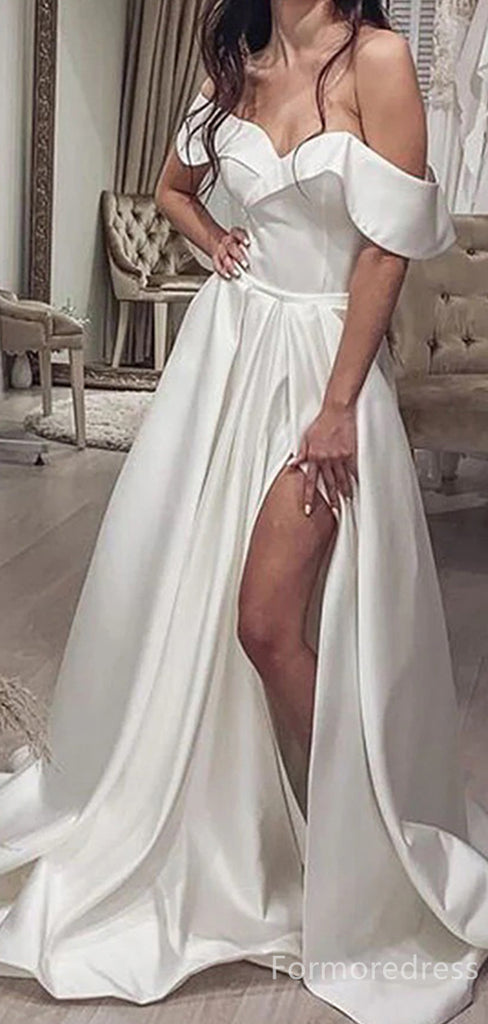 Elegant V-neck Off-Shoulder Split Side A-line Long Wedding Dress, WD159