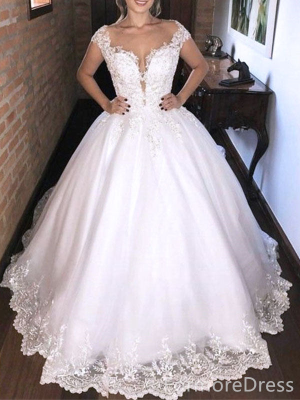 Elegant Cap Shoulder Lace Appliques A-line Long Wedding Dress, WD161