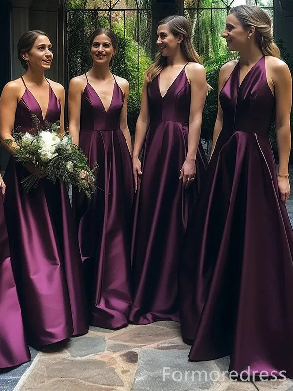 Elegant V-neck Spaghetti Strap A-line Long Bridesmaid Dress,  BD179