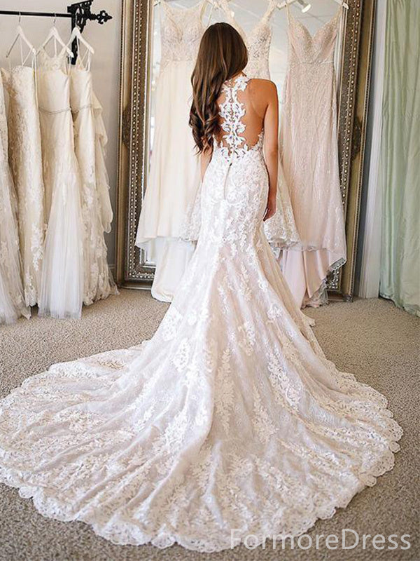 Gorgeous V-neck Lace Appliques Mermaid Long Wedding Dress, WD163