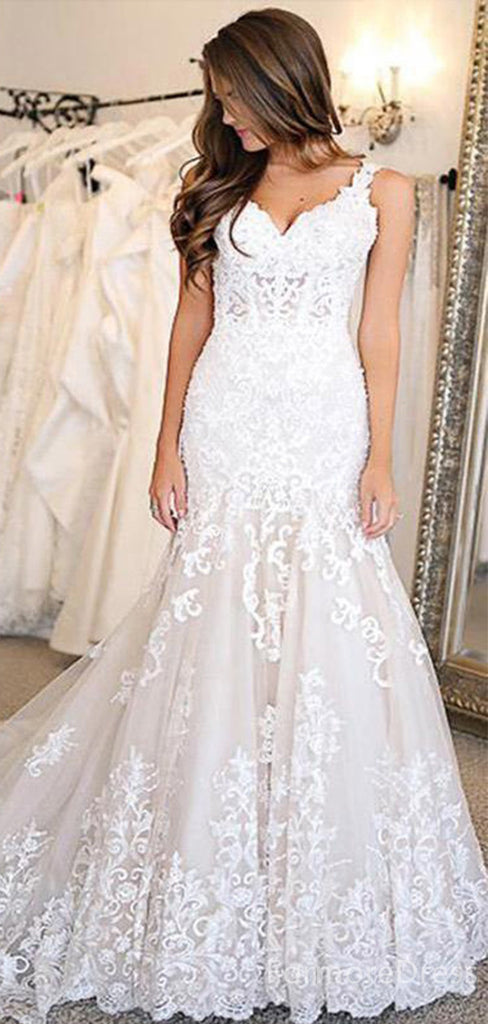 Gorgeous V-neck Lace Appliques Mermaid Long Wedding Dress, WD163