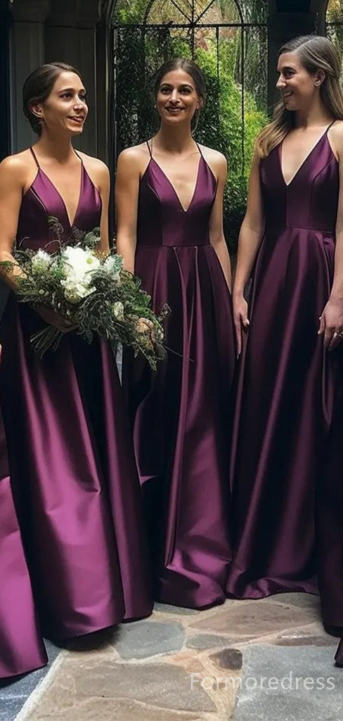 Elegant V-neck Spaghetti Strap A-line Long Bridesmaid Dress,  BD179