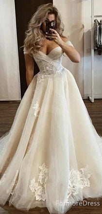 Elegant V-neck Off-Shoulder Lace Appliques A-line Long Wedding Dress, WD170